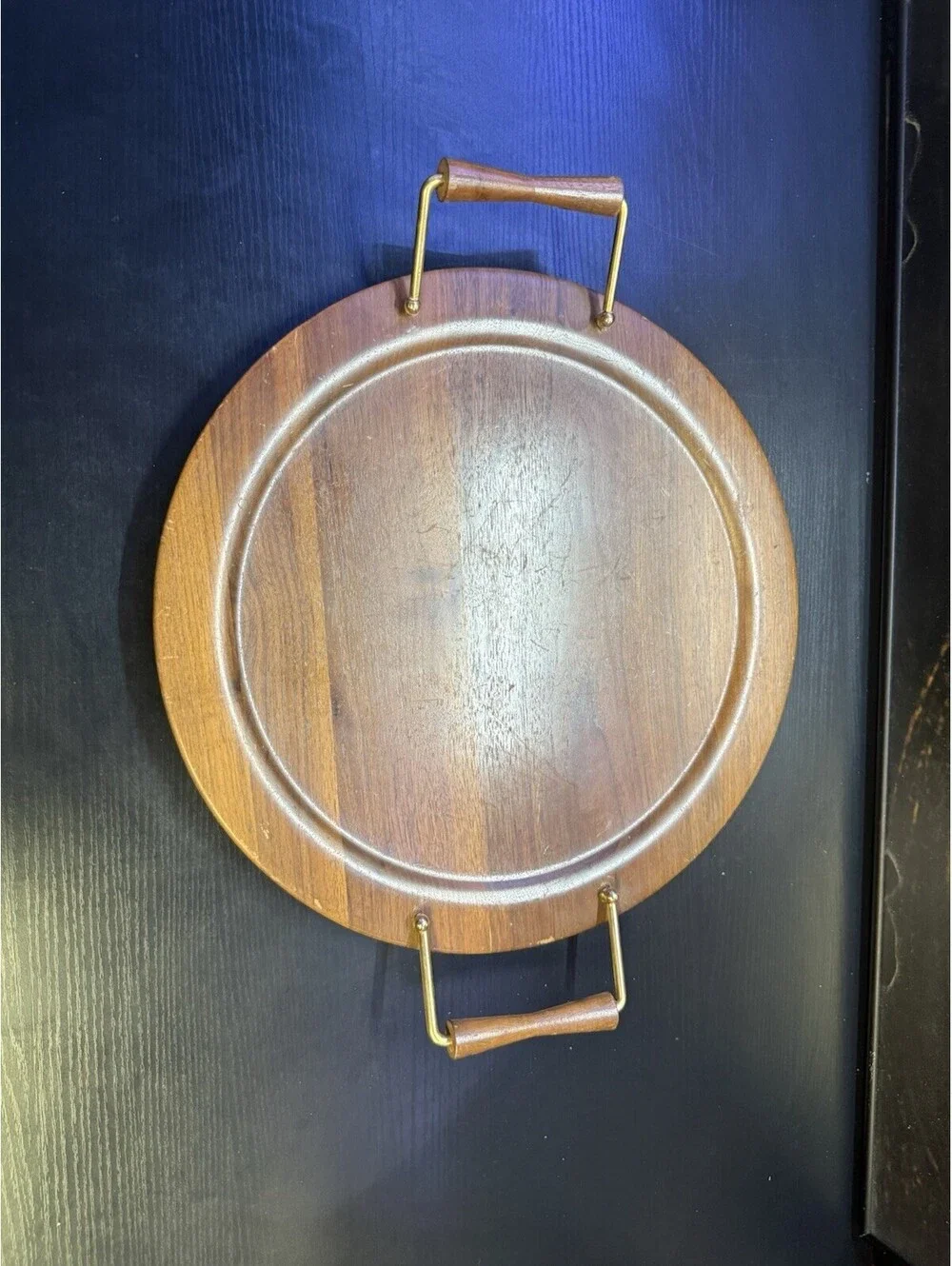 Vintage Solid American Walnut Round Serving Tray 16” Brass Wood Handles MCM